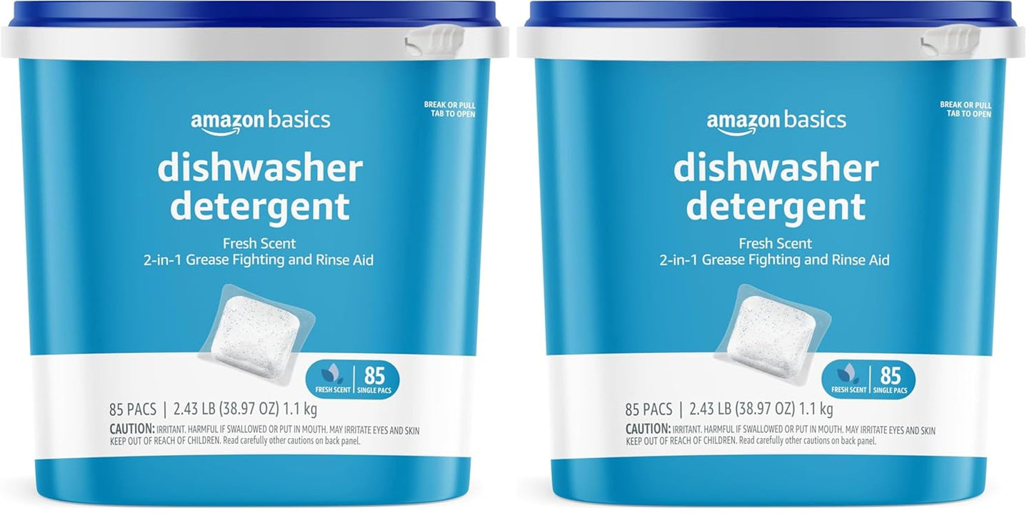 Amazon Basics Dishwasher Detergent Pacs, Fresh Scent, Cuts Grease, Rinses Clean, Removes 24HR Dried-On Stains, 85 Count (Previously Solimo)