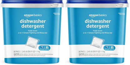 Amazon Basics Dishwasher Detergent Pacs, Fresh Scent, Cuts Grease, Rinses Clean, Removes 24HR Dried-On Stains, 85 Count (Previously Solimo)