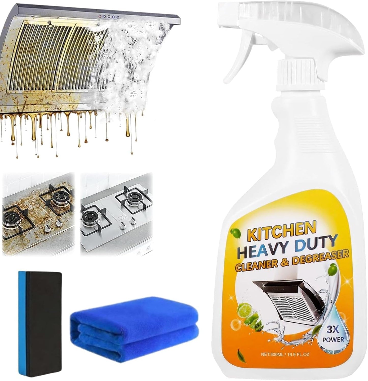 Clean Up Kitchen Oil Stains Spray, Heavy Duty Kitchen Cleaner for Tough Grease - Foaming Degreaser Spray for Stovetops, Ovens & Appliances, No-Scratch Formula, Multi-Surface Use (16.9 Fl Oz)