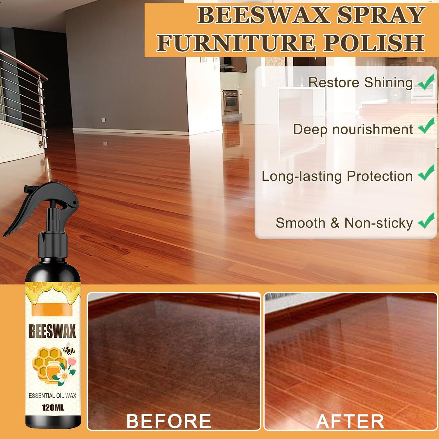 2PCS Beeswax Spray, Beeswax Spray Furniture Polish,Natural Care and Repair Agent, Suitable for Living Room, Kitchen, Wooden Furniture and Floor