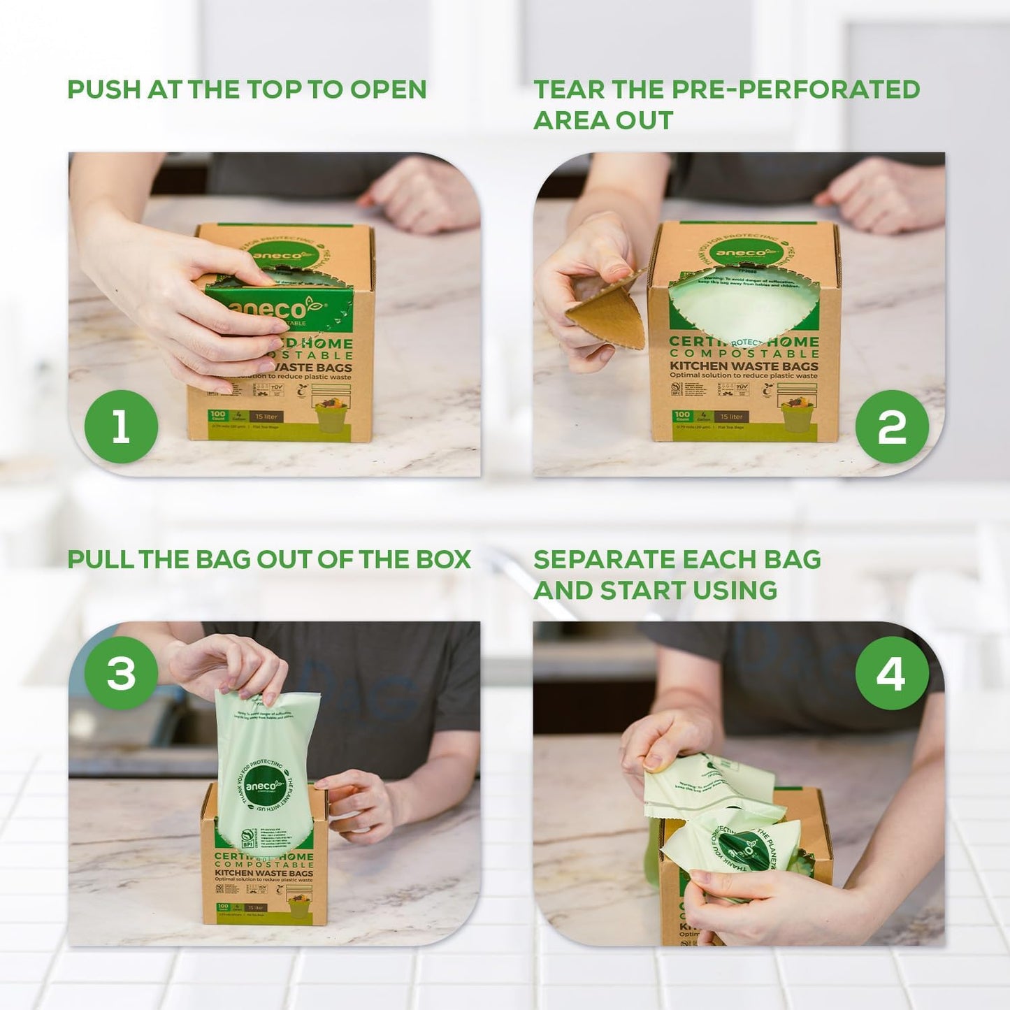 (Include 10 Bonus Bags) ANECO 100% Compostable Waste Bags 2.6 Gallon, Extra Thick Kitchen Small Compost Bags for Countertop Bin, 110 Count (100 + 10 Extra)