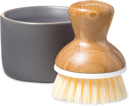 Full Circle Bubble Up Bamboo Dish Brush & Ceramic Soap Dispenser – Family Safe, Formaldehyde-Free – Kitchen Scrub Brush for Dishes, Nonstick & Cast Iron, Gray