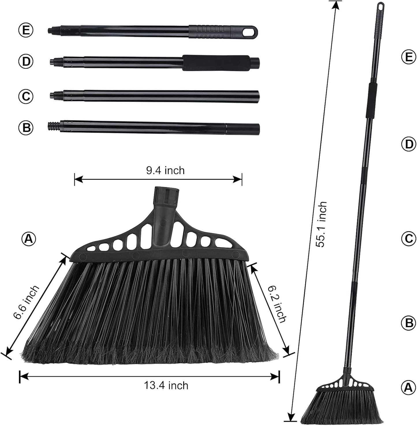 Tiumso 3-Pack Heavy Duty Broom, Commercial Broom with 55" Long Handle Outdoor Indoor, Industrial Brooms for Sweeping Garage Concrete Courtyard Patio Home Kitchen Office - All Black