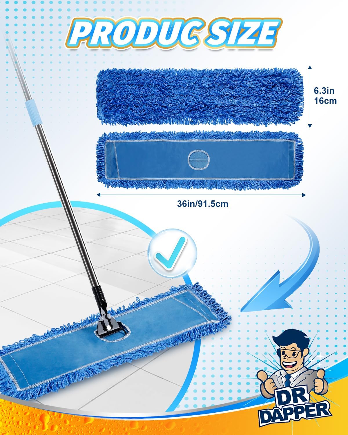 DR DAPPER 36-Inch Commercial Dust Mop Head, Large Washable Microfiber Dust Mop Replacement Head, Sweeper and Janitorial Supplies (Blue-2 Pack)