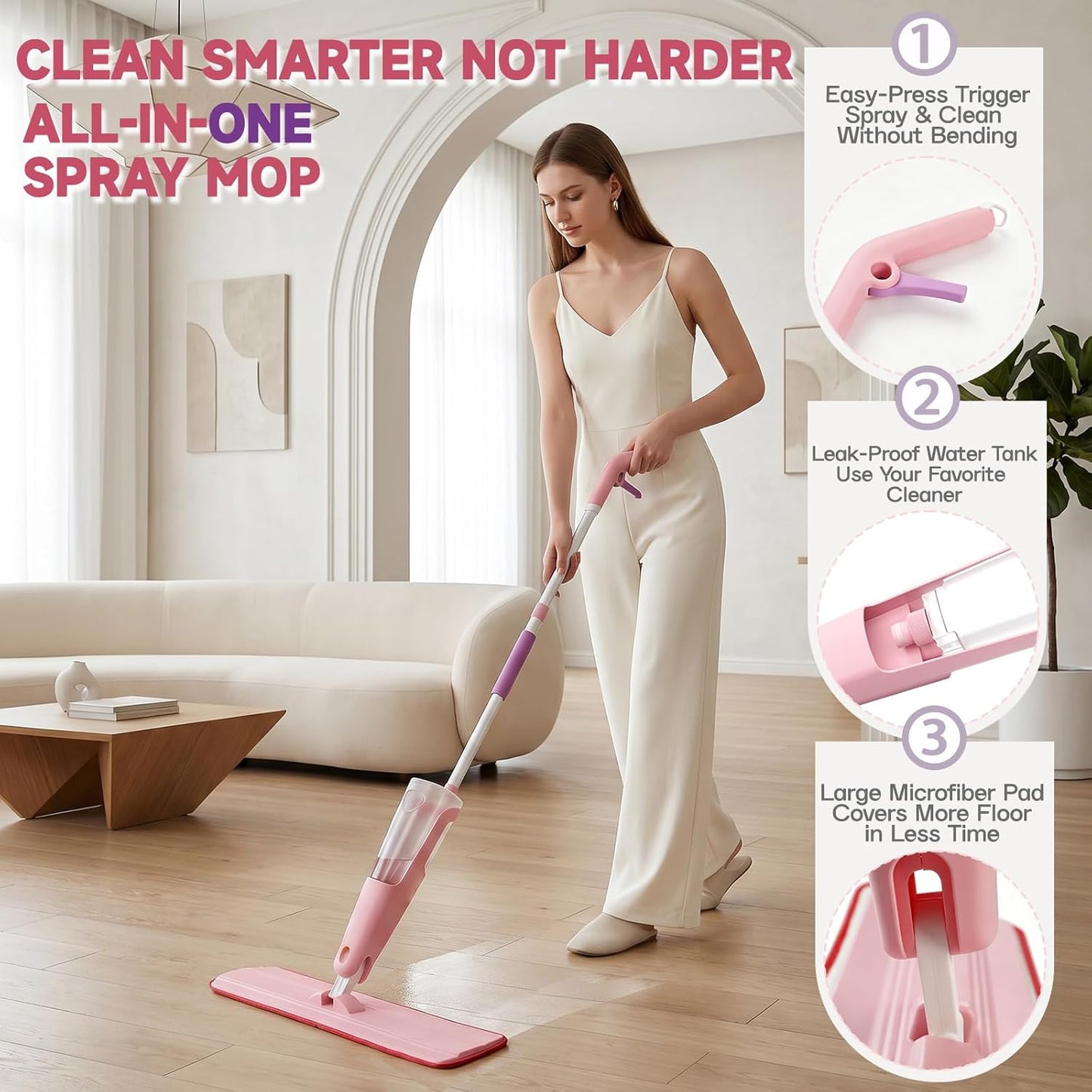 24" Dry mops for Floor Cleaning, Extra-Long Spray runtime & Light Mist Spray mop, Microfiber Wet mop w/ 28oz Tank & 2 Washable Pads, Heavy Duty Flat mop for Hardwood Tile Laminate Vinyl, Large Spaces