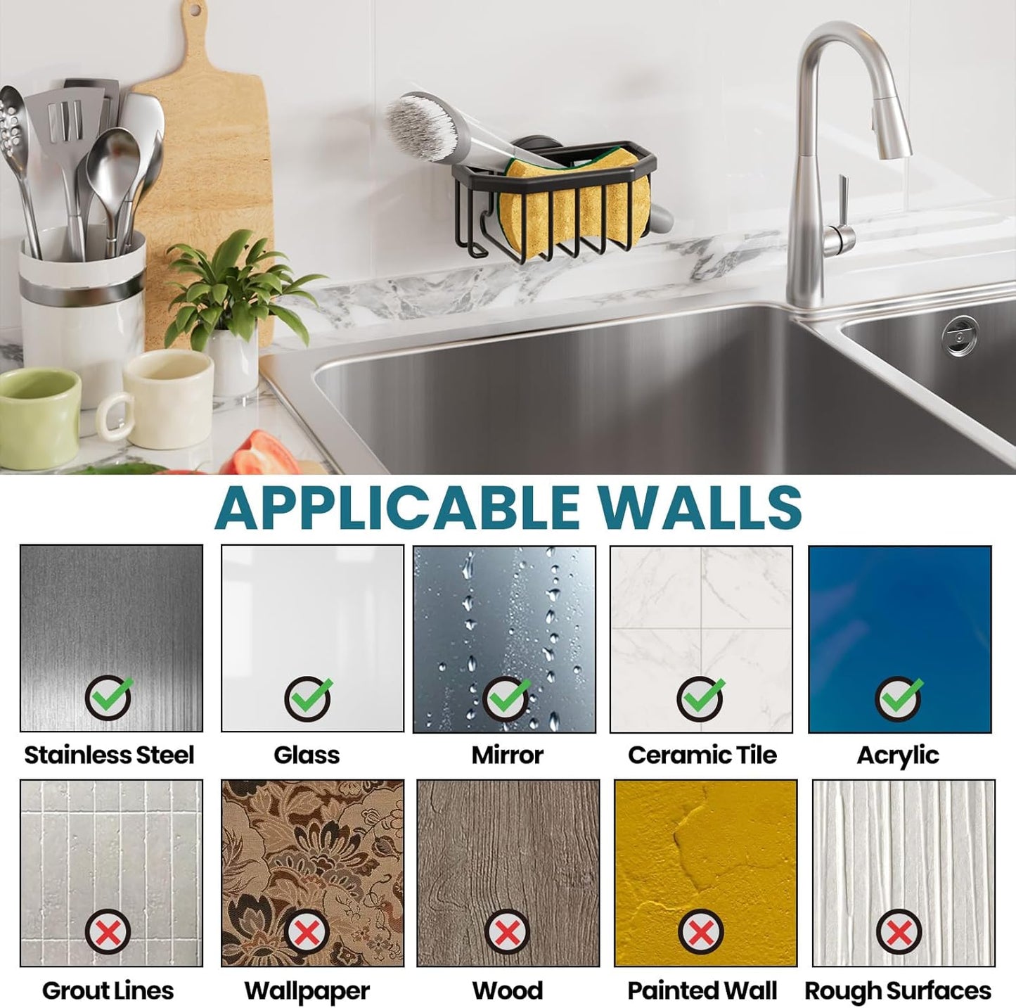 TAILI Sponge Holder for Kitchen Sink with Strong Suction Cup, Rustproof Aluminum Sink Caddy for Sponges, Removable Sponge Holder, Dish Brush for Scraper - Silver