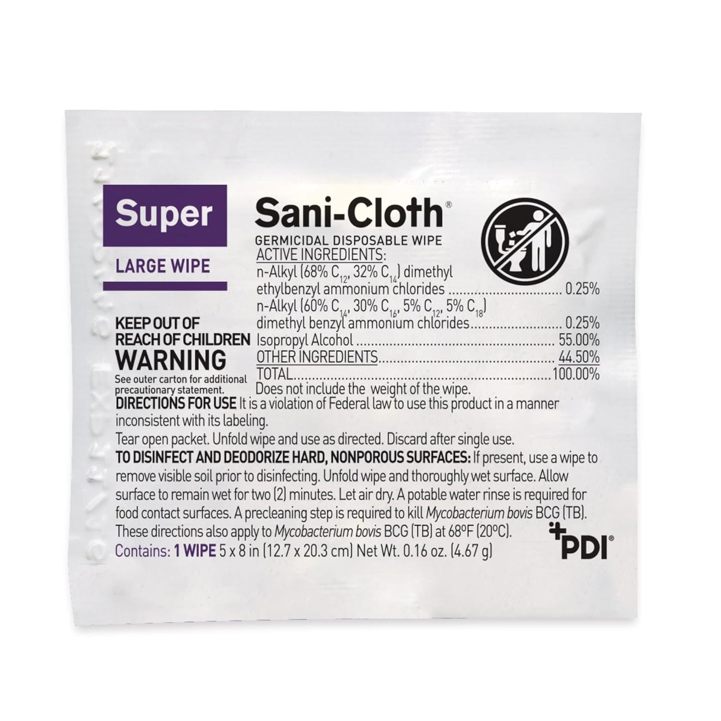 PDI Super Sani-Cloth Germicidal Disposable Wipe, Large, Individual, 5" x 8"