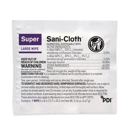 PDI Super Sani-Cloth Germicidal Disposable Wipe, Large, Individual, 5" x 8"