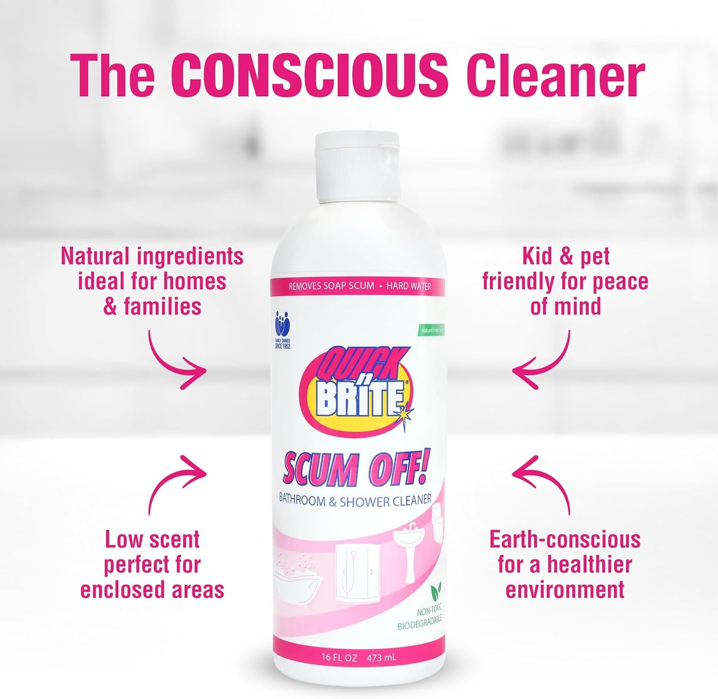 Quick 'n Brite Scum Off Shower Cleaner - No Scrub, No Harsh Chemical Daily Shower Cleaner, Multi-Surface All-Purpose Cleaner 64 Oz (Packaging May Vary)