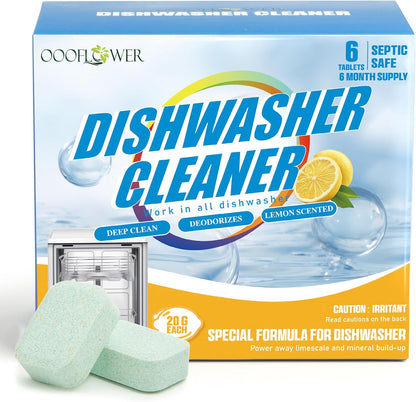 6-Pack Dishwasher Detergent and Deodorizer Tablets with Kitchen Sponge, Deep Clean Formula, Dishwasher Safe, Removes Scale, Odors, and Hard Water Residue (Lemon Scent)