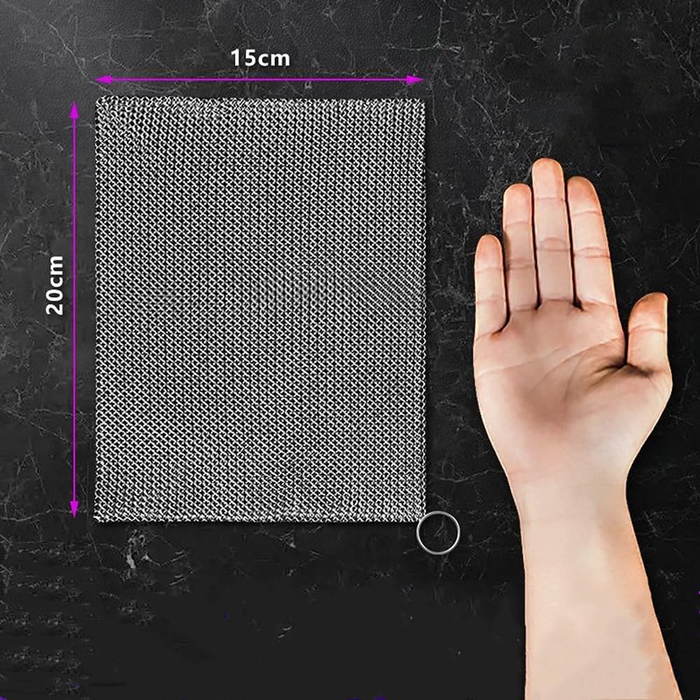 Cast Iron Cleaner and Chainmail Skillet Scrubber - 4''x4'' Upgraded 3.8mm Small Ring, 316L Stainless Steel Fine Rings - Durable Scraper for Skillets, Pans, Griddles & Containers