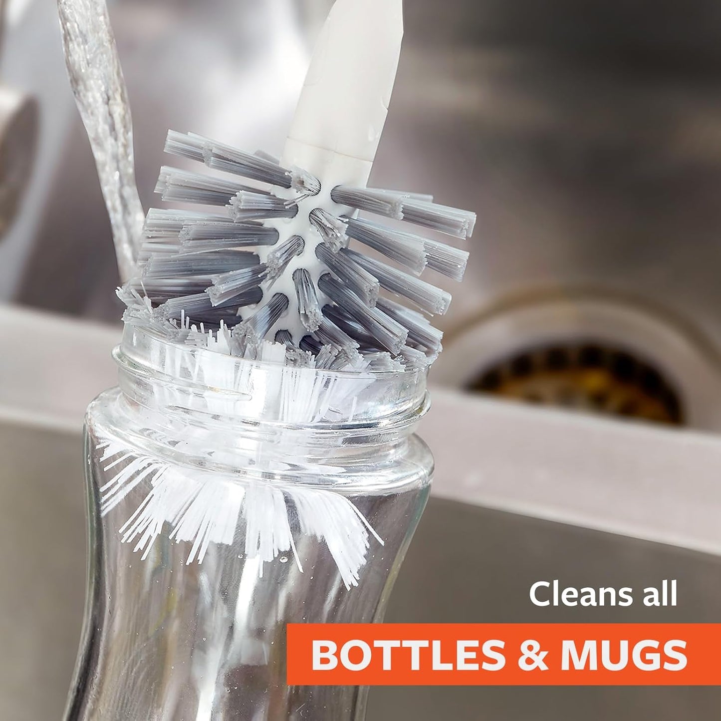 Full Circle Clean Reach - Bamboo Long Handle Bottle & Mug Brush with Replaceable Head, for Deep Cleaning Water Bottles, Baby Bottles, Glasses, and Tumblers, White