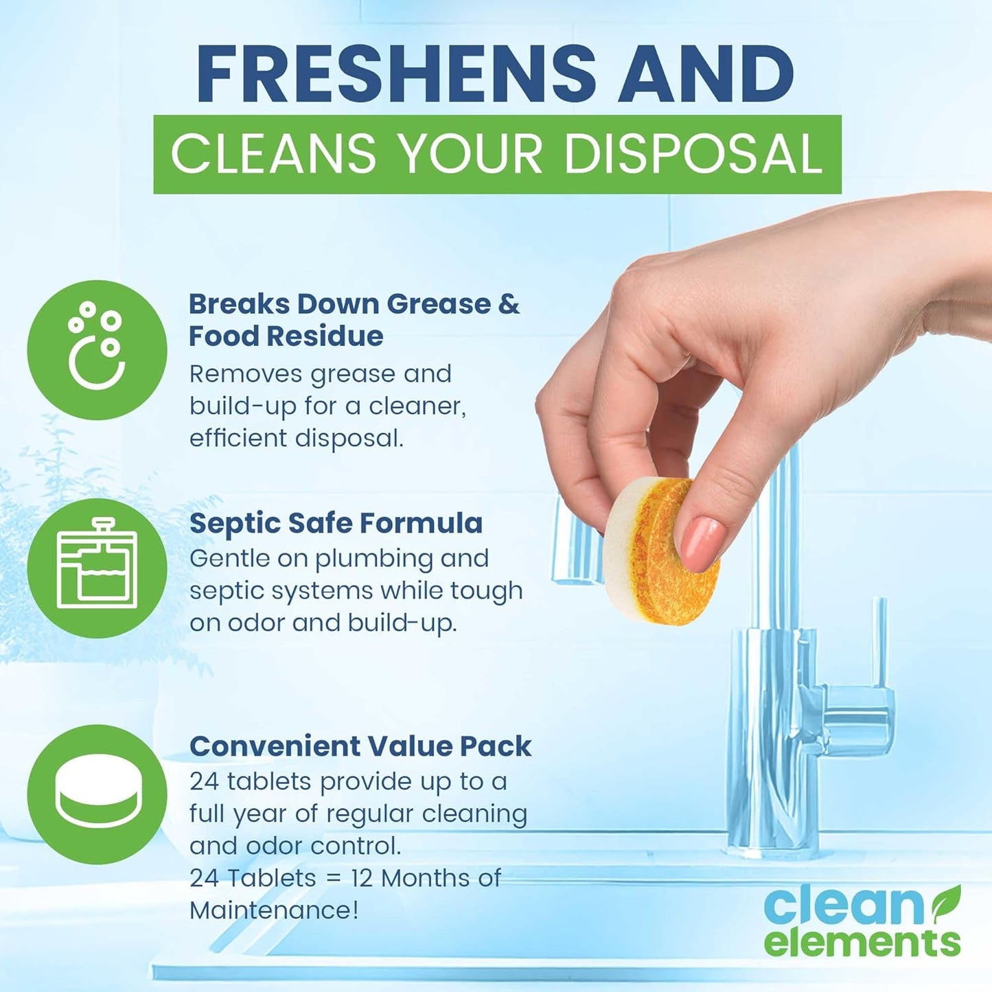 Garbage Disposal Cleaner Deodorizer Tablets – 24 Pack XL Foaming Citrus Cleaning Tablet - Sink Drain Disposer Garburator Freshener Odor Eliminator Grease Remover Septic Safe - 1 Year Supply