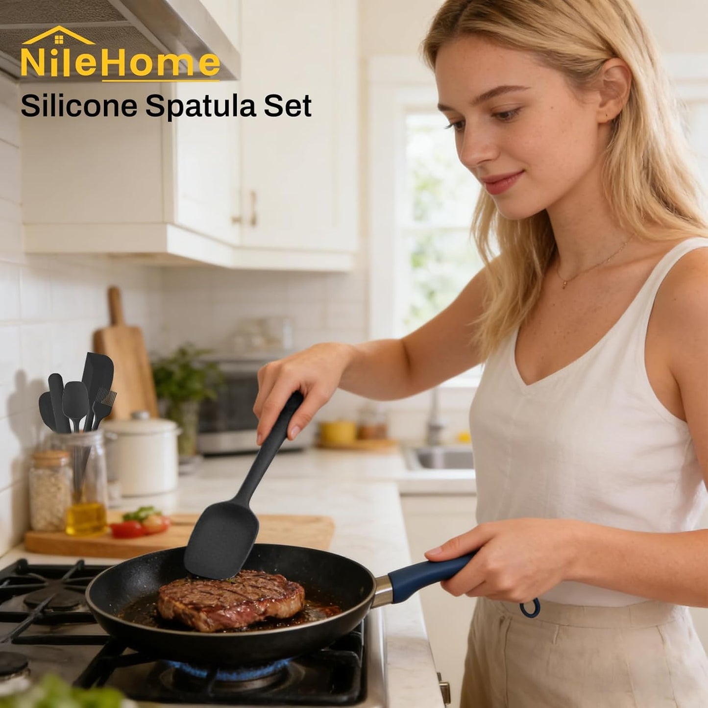 NileHome Silicone Spatula Set, 6 Pieces Food Grade Kitchen Utensils with Silicone Brush Heat Resistant Dishwasher Safe BPA-Free Rubber Spatula for Scraping, Baking, Cooking, Mixing-Forest Style