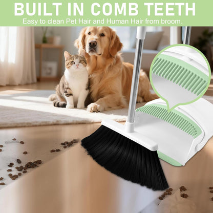 Broom and Dustpan Set, Broom Dustpan Combo Set for Home Commercial Cleaning Supplies Angle Broom with Long Handle Perfect for Courtyard Garage Street (Green)
