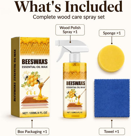 Beeswax Wood Polish Spray, 120ml Furniture Polish and Wood Cleaner Spray with Sponge and Towel, Beeswax Furniture Polish for Cabinets, Tables, Chairs, Doors and Finished Wood Surfaces (1set)