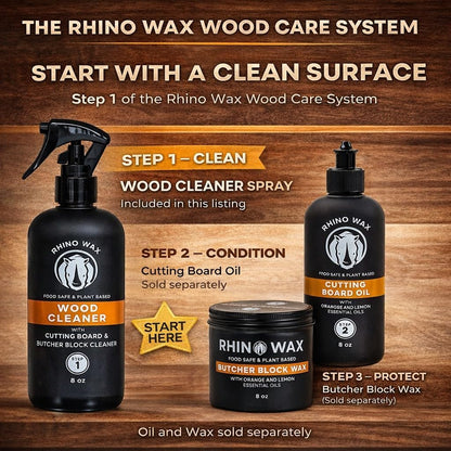 Rhino Wax Wood Cleaner Spray – Cutting Board & Butcher Block Cleaner – Natural Vinegar Citrus Wood Surface Cleaner for Kitchen Wood Countertops & Bamboo Boards – Made in USA – New Formula