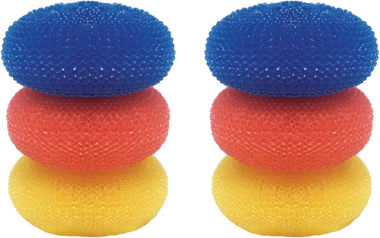 LOLA Plastic Mesh Scouring Pads - 3 Pack, 3.375" x 1.25", Non-Scratch Dish Scrubbers to Clean Dishes, Assorted Colors - Red, Blue & Yellow