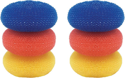 LOLA Plastic Mesh Scouring Pads - 3 Pack, 3.375" x 1.25", Non-Scratch Dish Scrubbers to Clean Dishes, Assorted Colors - Red, Blue & Yellow