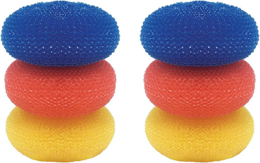 LOLA Plastic Mesh Scouring Pads - 3 Pack, 3.375" x 1.25", Non-Scratch Dish Scrubbers to Clean Dishes, Assorted Colors - Red, Blue & Yellow