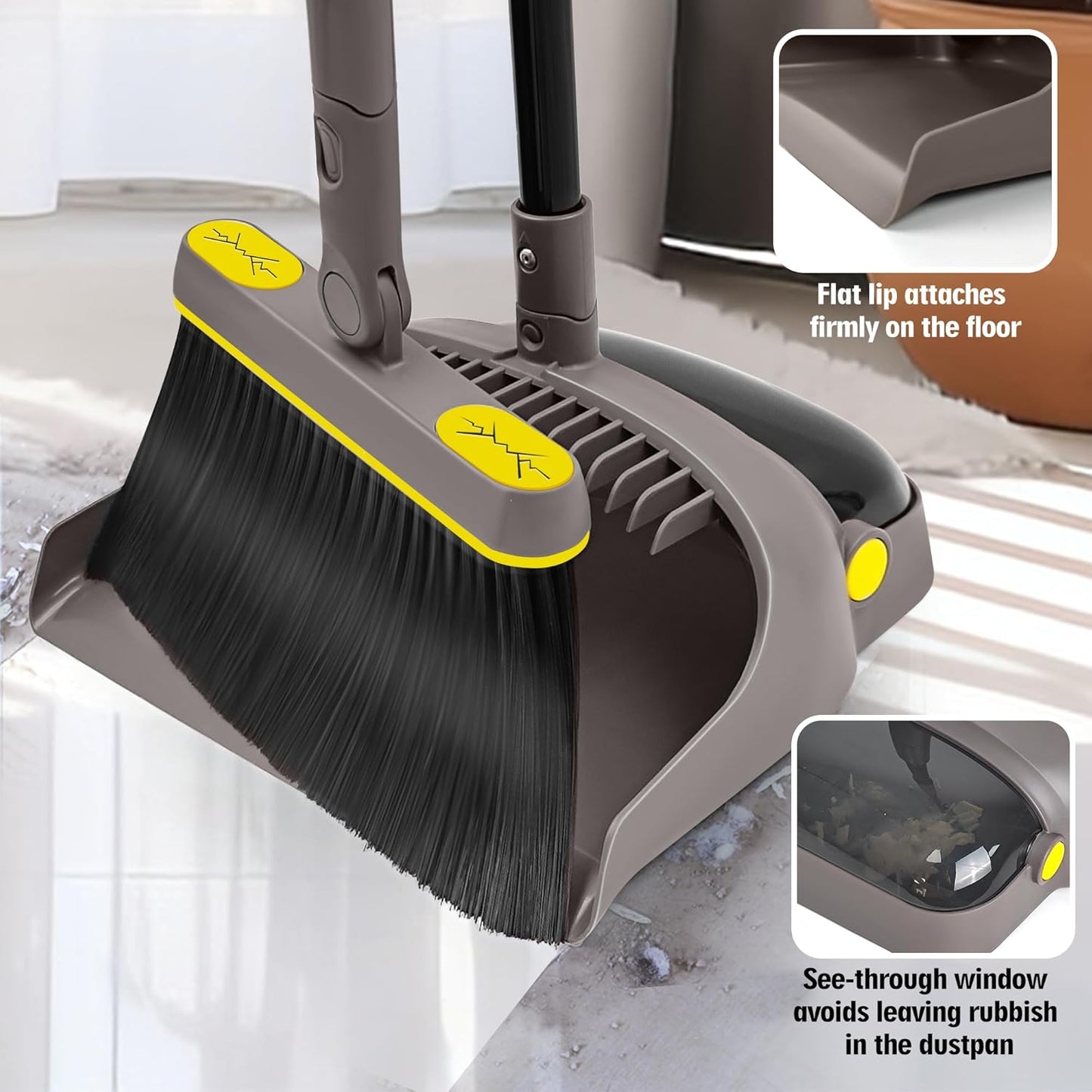 JEHONN Broom with Dustpan Combo Set Lightweight 54'' Long Handle Swivel Broom Indoor Patented Openable Dust Pan Tail for Kitchen Home Office (Brown Yellow)