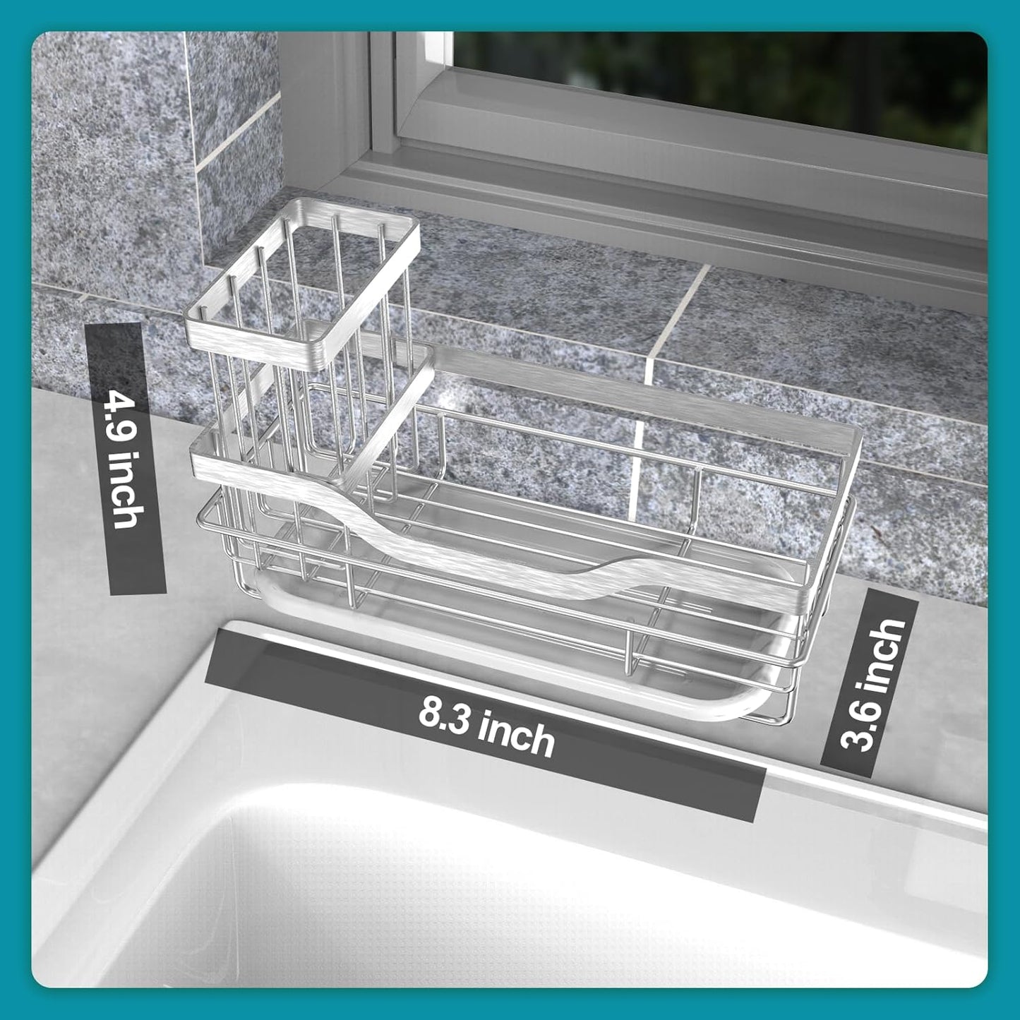 Vanwood Kitchen Sink Caddy Organizer Sponge Holder for Kitchen Sink, Rustproof Dish Soap Sponge Caddy for Counter with Detachable Brush Holder & Drain Tray - Storage Home & Cocina Accesorios, SILVER
