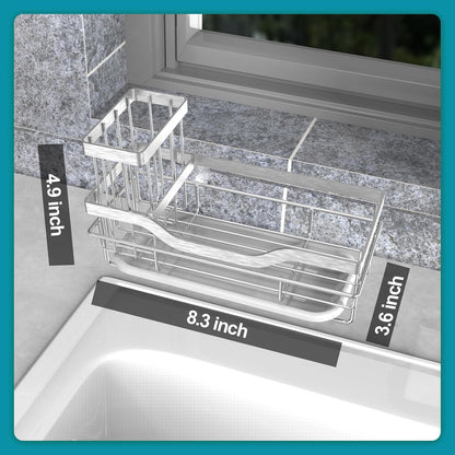 Vanwood Kitchen Sink Caddy Organizer Sponge Holder for Kitchen Sink, Rustproof Dish Soap Sponge Caddy for Counter with Detachable Brush Holder & Drain Tray - Storage Home & Cocina Accesorios, SILVER