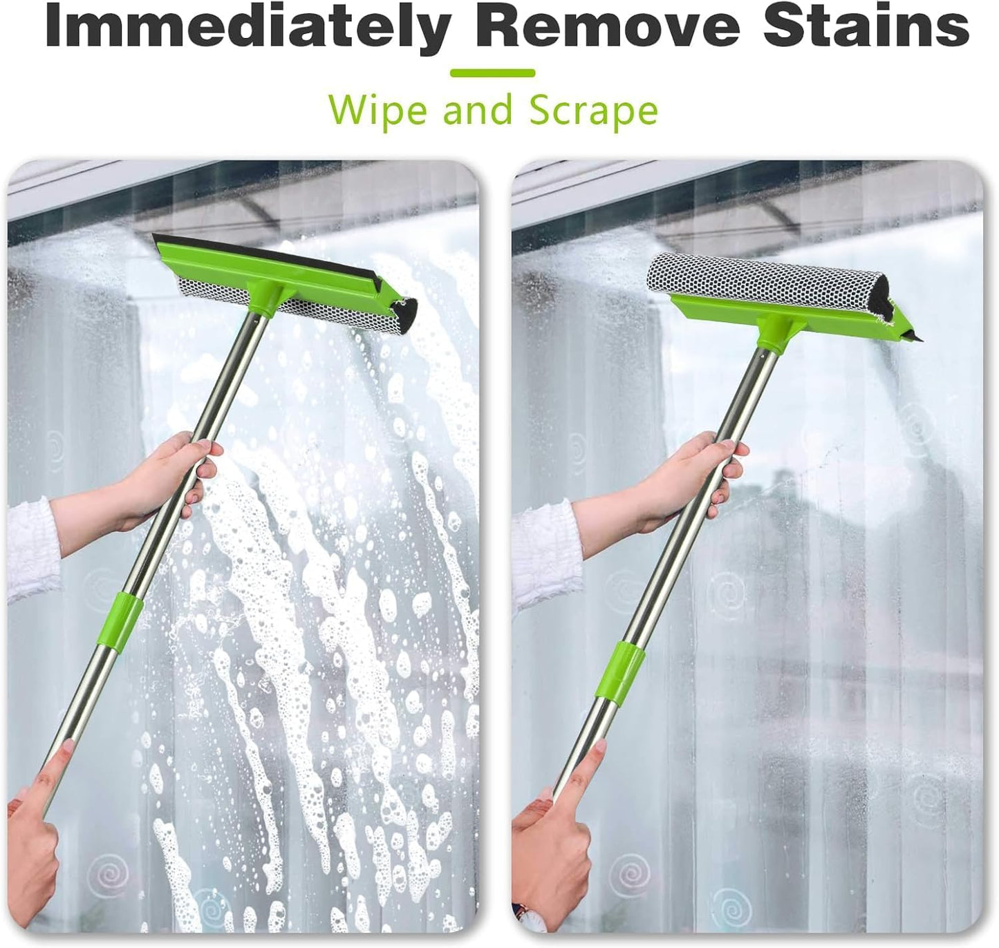 Bryquelin 2-in-1 Window Squeegee with 30"-59" Stainless Steel Adjustable Handle - Glass Cleaner for Shower Doors, Car Windshield & High Outdoor Windows