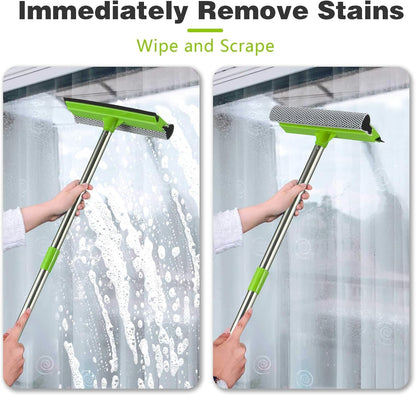 Bryquelin 2-in-1 Window Squeegee with 30"-59" Stainless Steel Adjustable Handle - Glass Cleaner for Shower Doors, Car Windshield & High Outdoor Windows