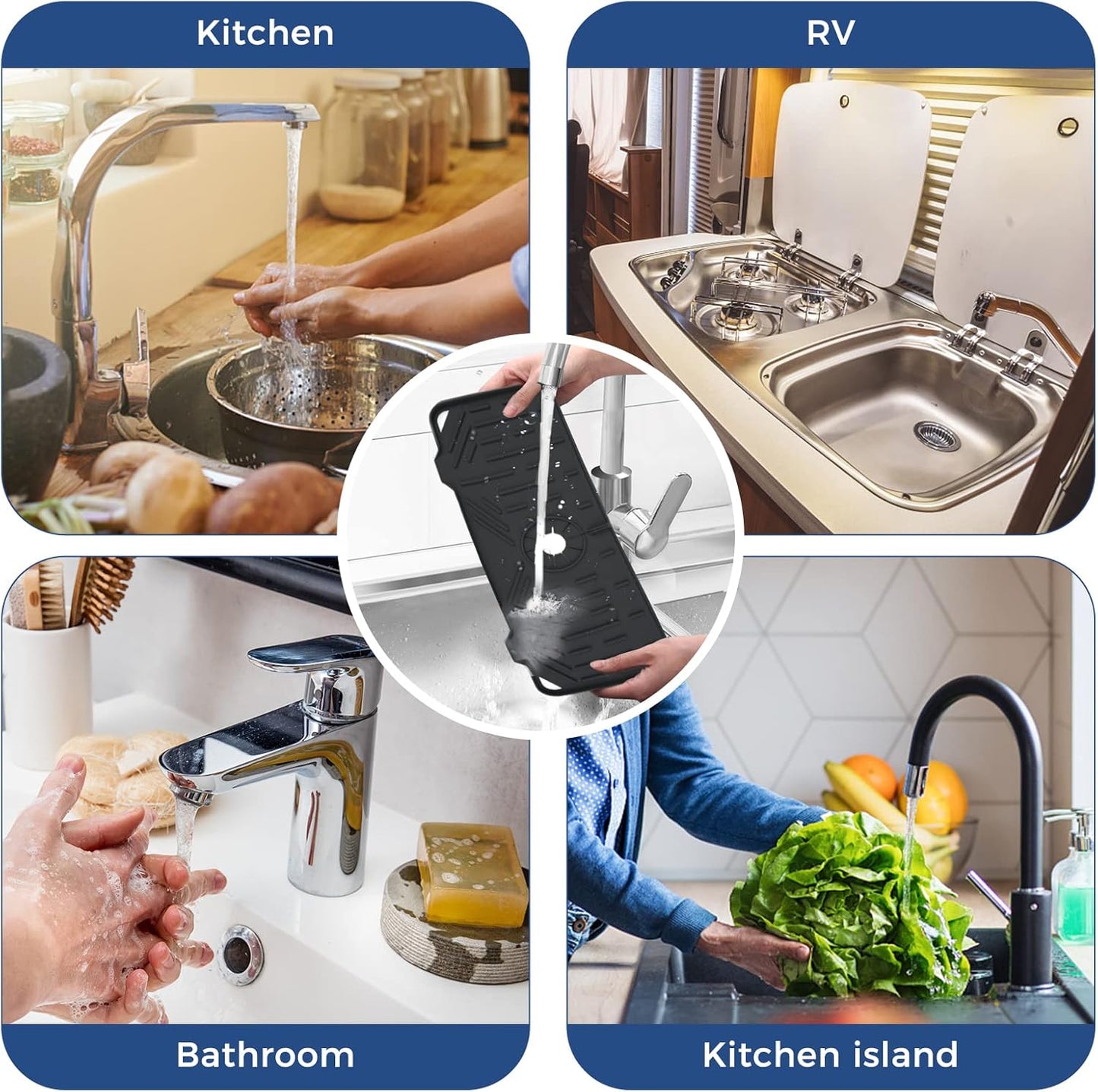 BFONS Silicone Faucet Handle Drip Catcher Drying Tray Mat Dish Soap Sponge Holder Accessories Gadgets for Kitchen Counter Bathroom Kitchen Sink Splash Guard -Grey