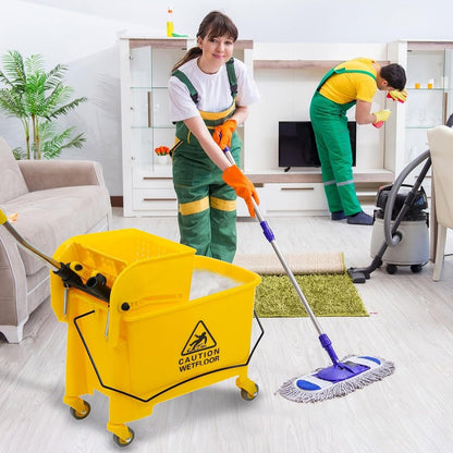 Mop Bucket with Side Press Wringer on Wheels, 20 Quart Side Press Wringer Combo Mop and Bucket with Wringer Set, Commercial Mop Bucket on Wheels for Home Business Cleaning (Yellow)