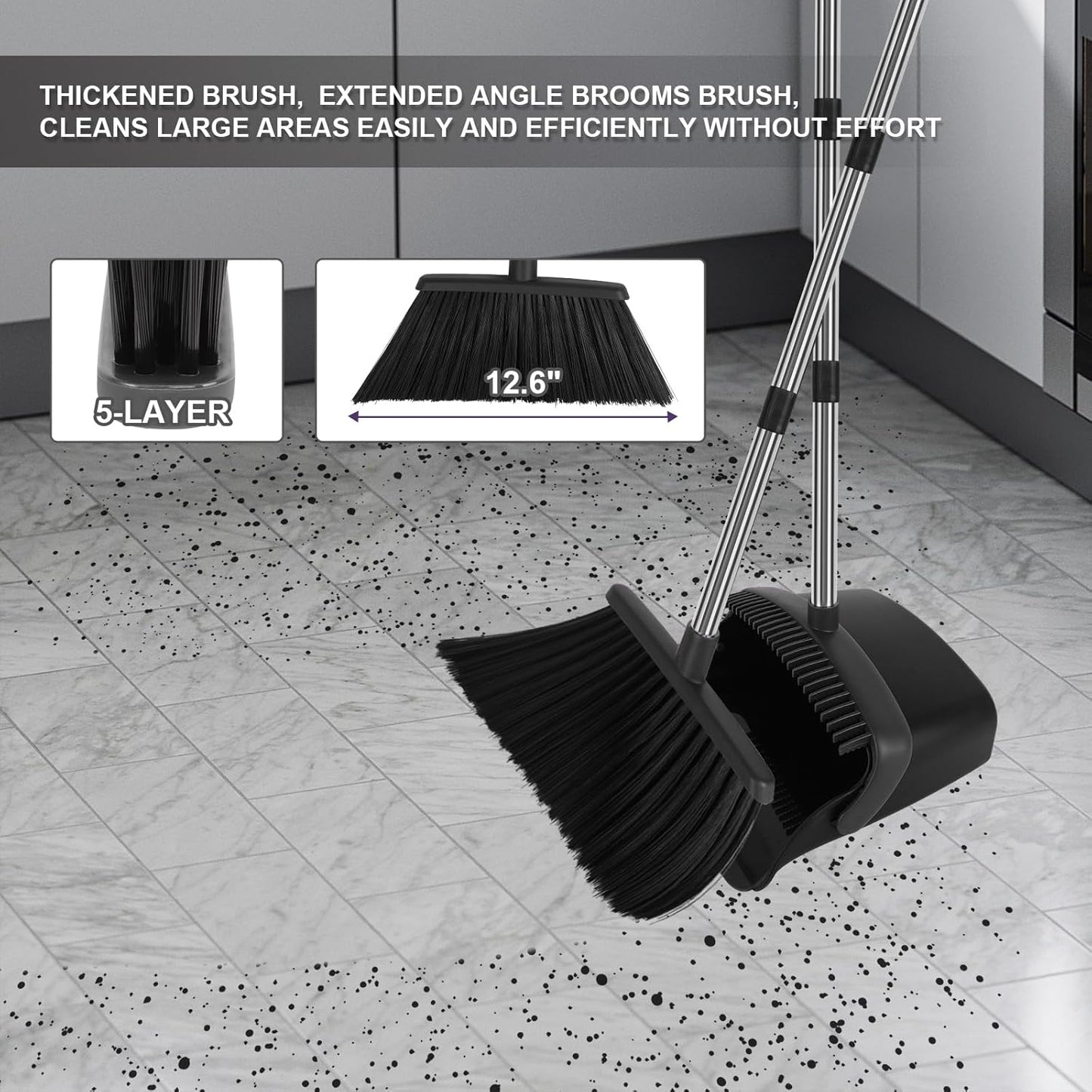 Broom and Dustpan Set, Household Broom with Dustpan Combo Set, 51" Long Handle, Dust Pan Set for Kitchen Office Lobby Floor