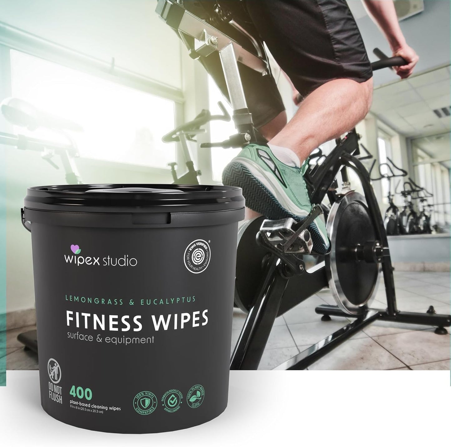 Wipex Yoga Mat Cleaner Wipes, EWG Verified, 400 Ct Plant-Based Lemongrass, Eucalyptus & Vinegar Wipes for Gym & Fitness Equipment & All Purpose Gym Cleaning - Safe for Peloton Bikes & Treadmills