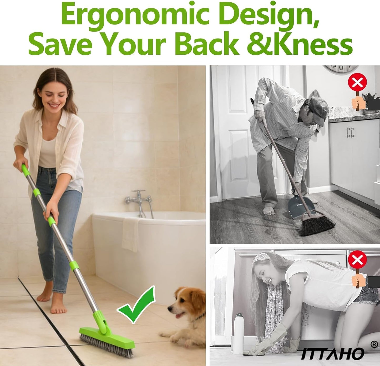 2 Pack Grout Brush with Long Handle, 56.5'' Swivel Grout Cleaning Brush,V-Shape Grout Scrub Brush, Extendable Handle Grout Cleaner Brush for Tile Floors，Bathroom,Baseboard,Shower,Corner