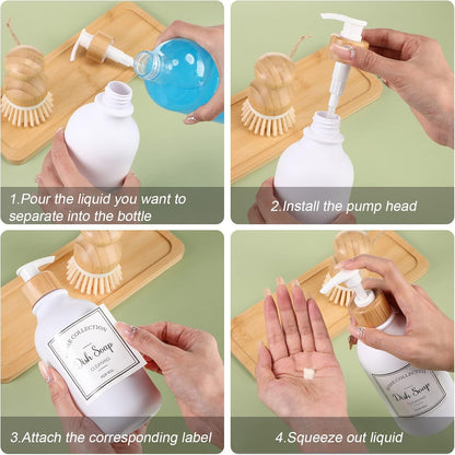 Zopeal 4 Pcs 16 oz Kitchen Soap Dispenser Set with Bamboo Tray and Dish Brush Plastic Soap Dispenser Set with Waterproof Labels for Hand Dish Lotion(Frosted Black)