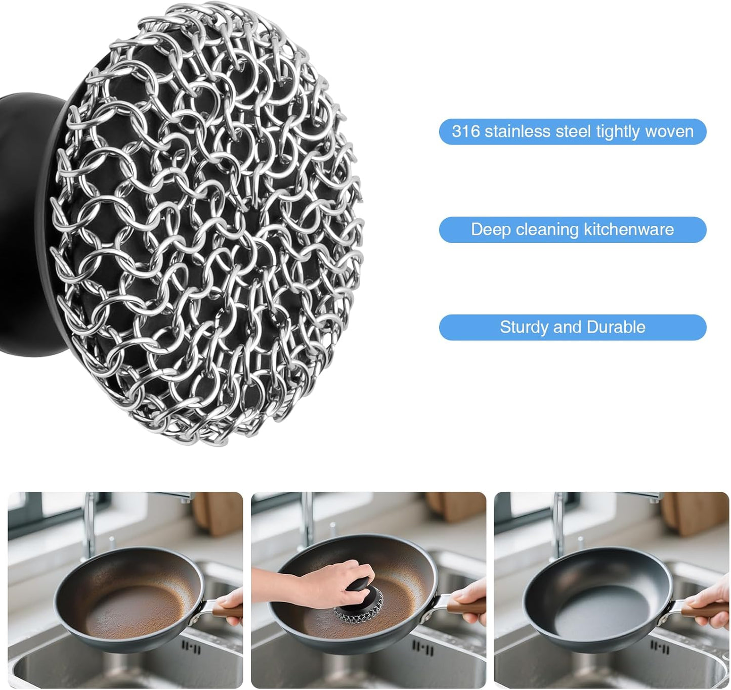 Cast Iron Scrubber Cleaner, Chainmail Scrubber for Cast Iron Pan Skillet, Dish Scouring Pad, 316 Stainless Steel Brush/Scraper for Metal Skillet Scrubbing, Wok, Dutch Oven Cleaning Kit - Thin Mesh
