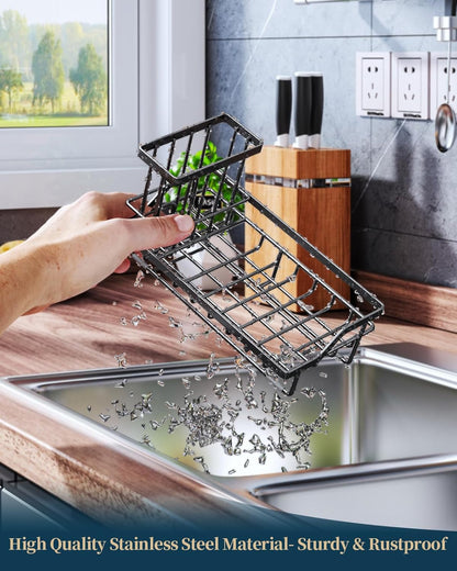 Consumest Sink Caddy, Kitchen Sponge Holder with Dish Brush Holder, Kitchen Organizer with Drip Tray for Countertop, Stainless Steel Rustproof - Silver