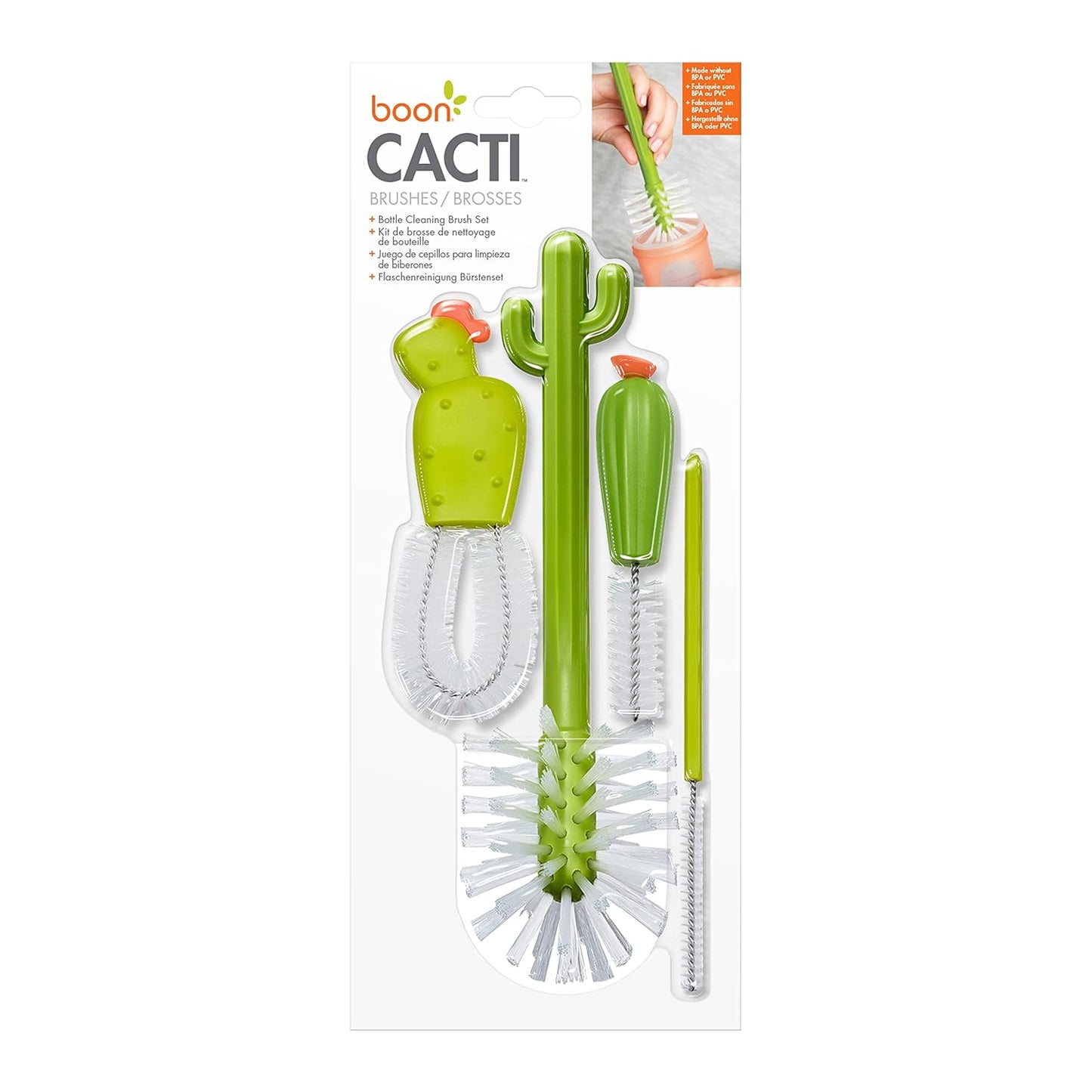 Boon Cacti Bottle Cleaning Brush Set - Includes Bottle Brush, Nipple Brush, Detail Brush, and Straw Brush - Baby Bottle Brush Set for Bottle Drying Rack - Baby Essentials - 4 Count