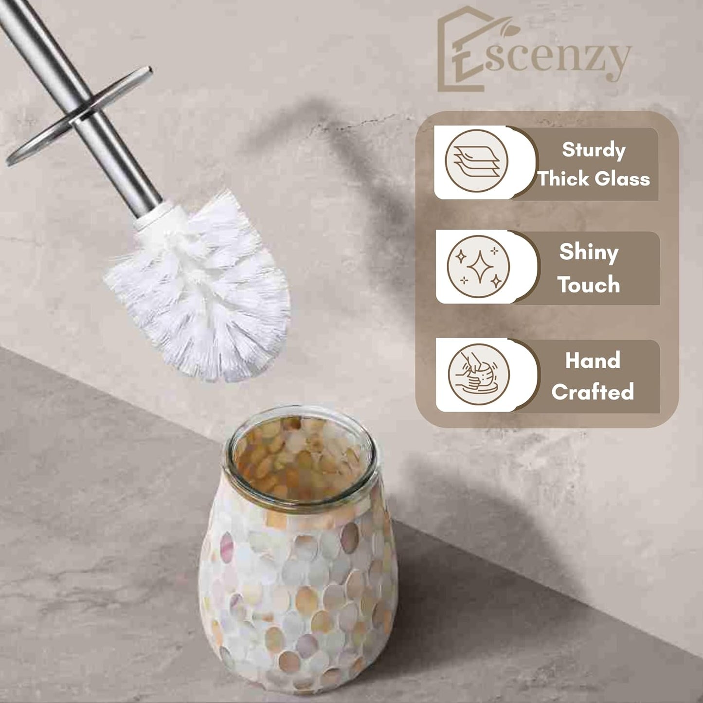 Escenzy Turquoise Green Toilet Brush and Holder Set Mosaic Glass | Non-Rustic Stainless Steel | Practical & Decorative Toilet Bowl Brush and Holder | Luxury Green Bathroom Accessories