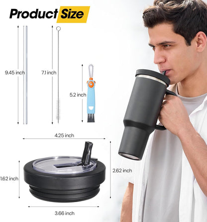 40 Oz Tumbler Flip Straw Lid Compatible with Stanley Quencher Cup, Anti Spill Replacement Cup Covers, Durable Silicone Leak Proof Lids with Cleaning Brush Set for Travel Storage