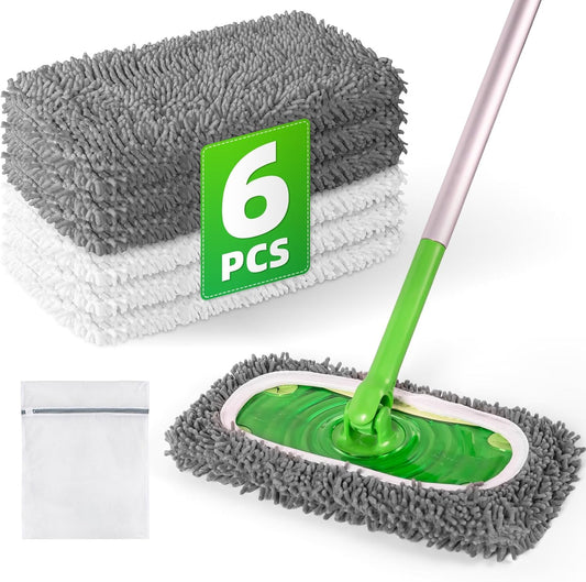 6 Pack Reusable Mop Pads Compatible with Swiffer Sweeper Mop, Wet and Dry Chenille Sweeping Cloths, Washable Pads Refill, Microfiber Pads for Multi-Surface/Hardwood Floor Cleaning (Gray, White)