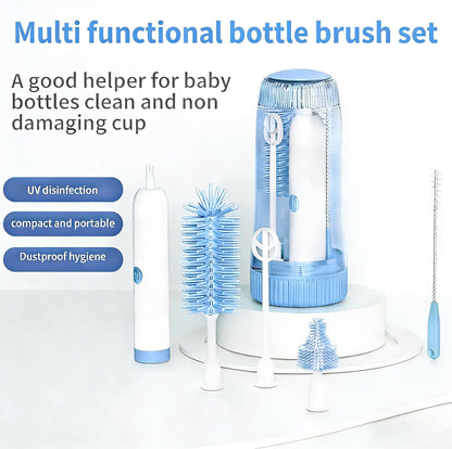 Portable Electric Silicone Bottle Brush Set, 7-in-1 UV Light USB Charging, Nipple/Straw Cleaner, Milk Mixer, Built-in Drying Rack & Storage Case, BPA-Free, IPX7, On-the-Go for New Parents (Mint)