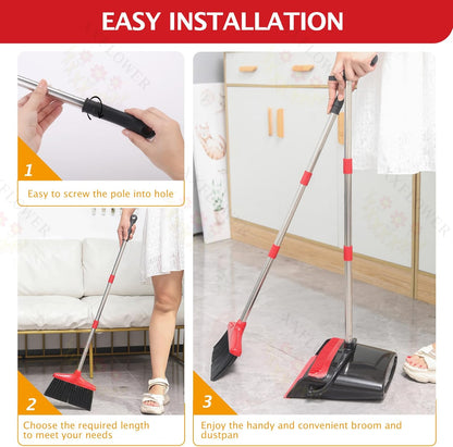 Broom and Dustpan Set with Long Handle, Light Weight Stainless Steel Poles Stand Upright Dustpans with Broom Combo for Home Kitchen Office Pet Dog Hair, 1-Pack (Purple)