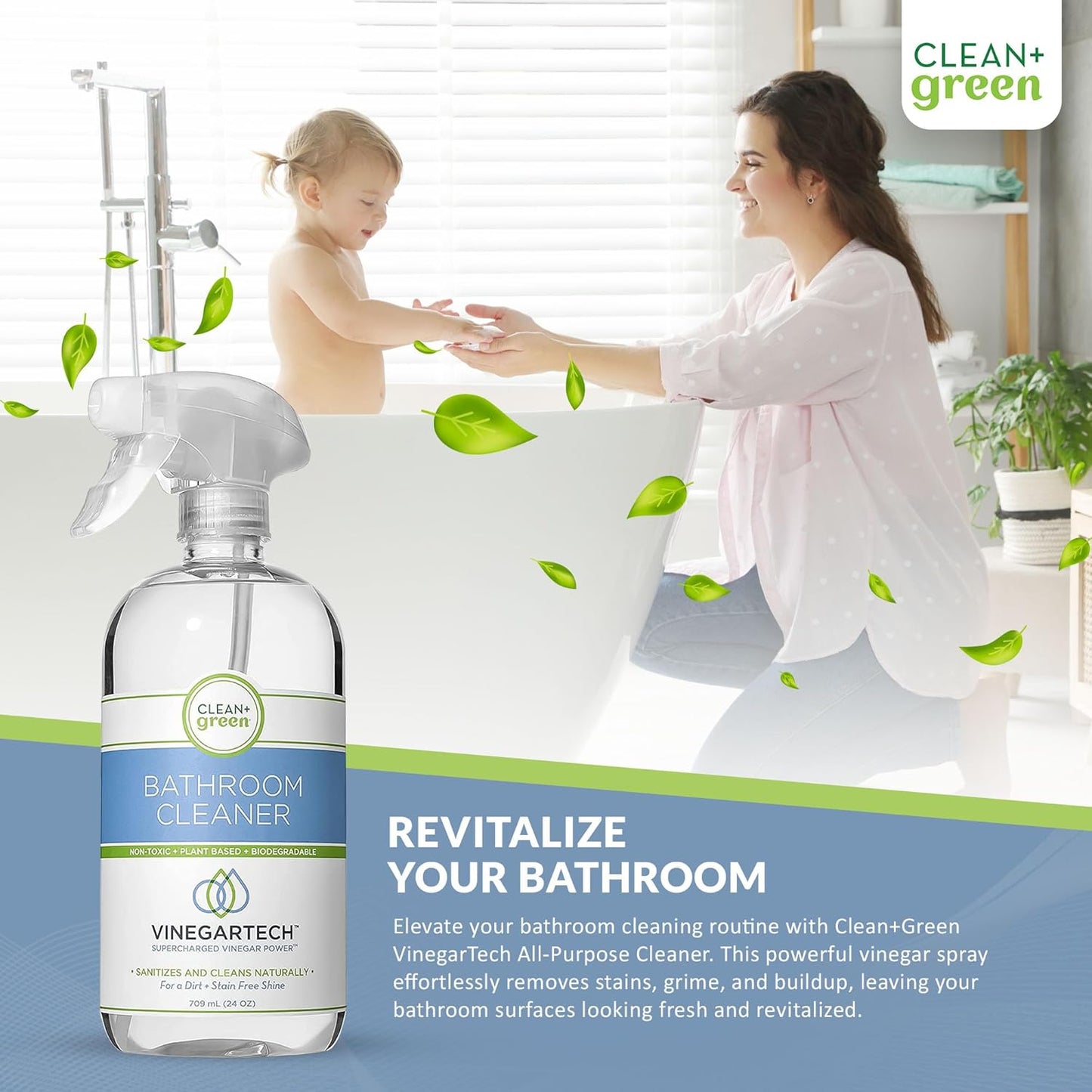 CLEAN+GREEN VinegarTech Bathroom Cleaner - Vinegar Spray All Purpose Cleaner Removes Dirt & Grime Shower, Tub, Tile Floor - Vinegar Cleaner Household Cleaning Supplies - Cleaning Vinegar 24 Fl Oz