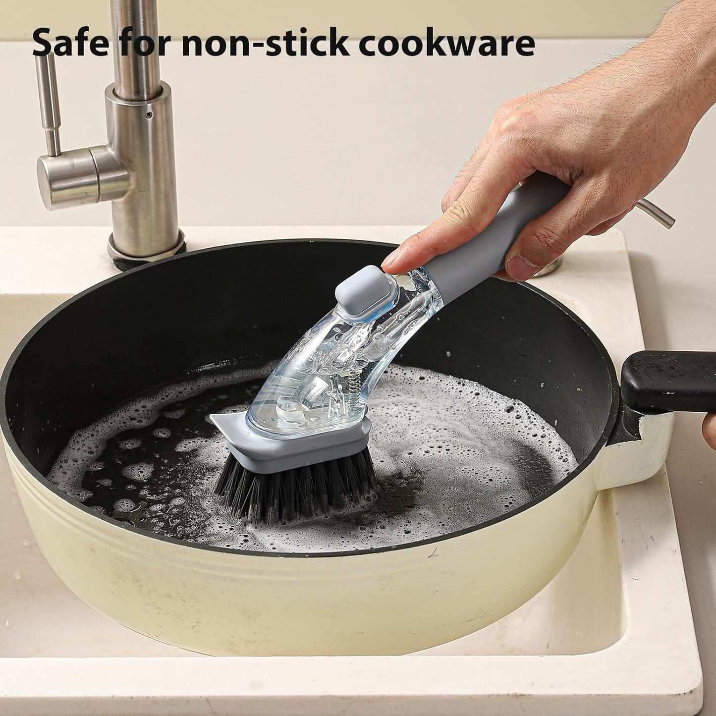 DAPOWER Soap Dispensing Dish Brush with Handle, Kitchen Scrub Brush for Dishes Pots Pans Sink Cleaning (Grayish Blue)