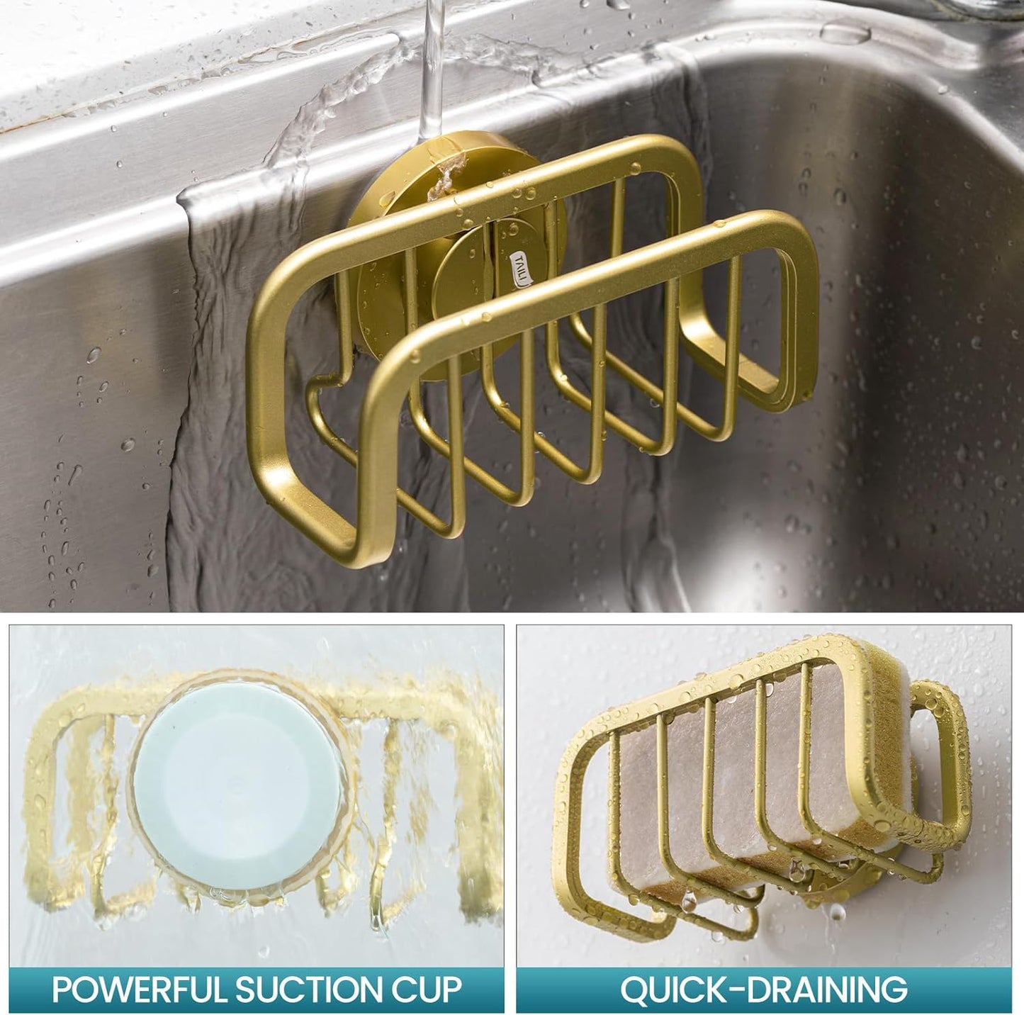 TAILI Sponge Holder for Kitchen Sink with Strong Suction Cup, Rustproof Aluminum Sink Caddy for Sponges, Removable Sponge Holder, Dish Brush for Scraper - Silver