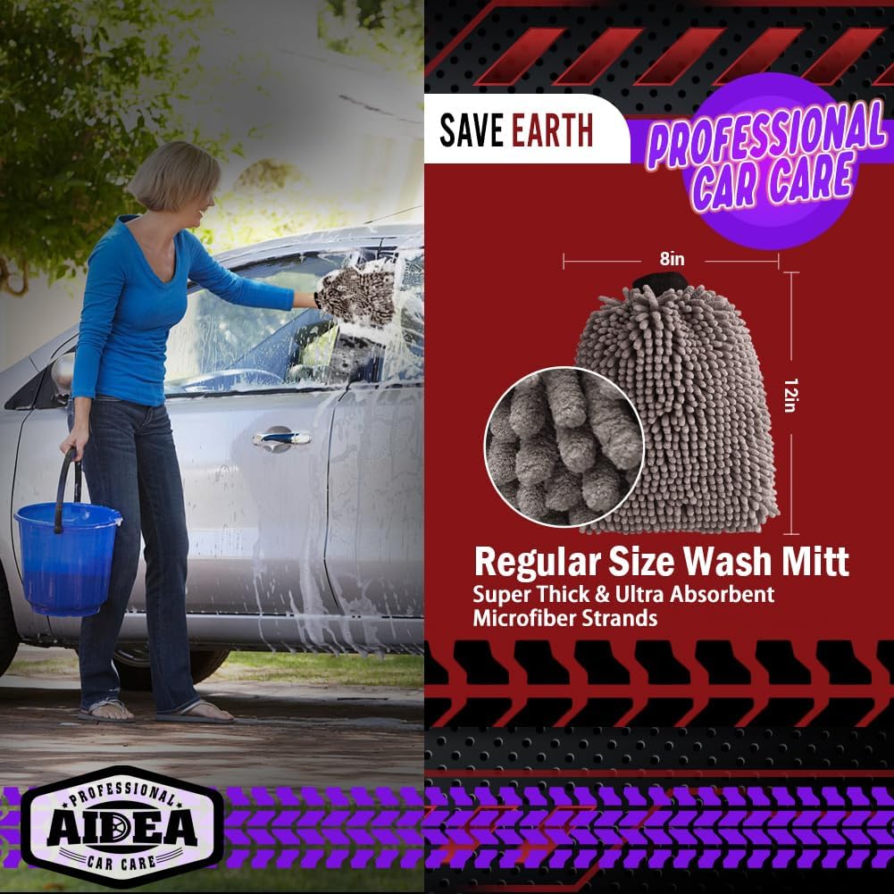 AIDEA Car Wash Mitt Microfiber, 2PK Scratch Free Lint-Free, Premium Chenille Microfiber Mitt Car Wash Brush, Green, Regular Size 7.12''X10.14''