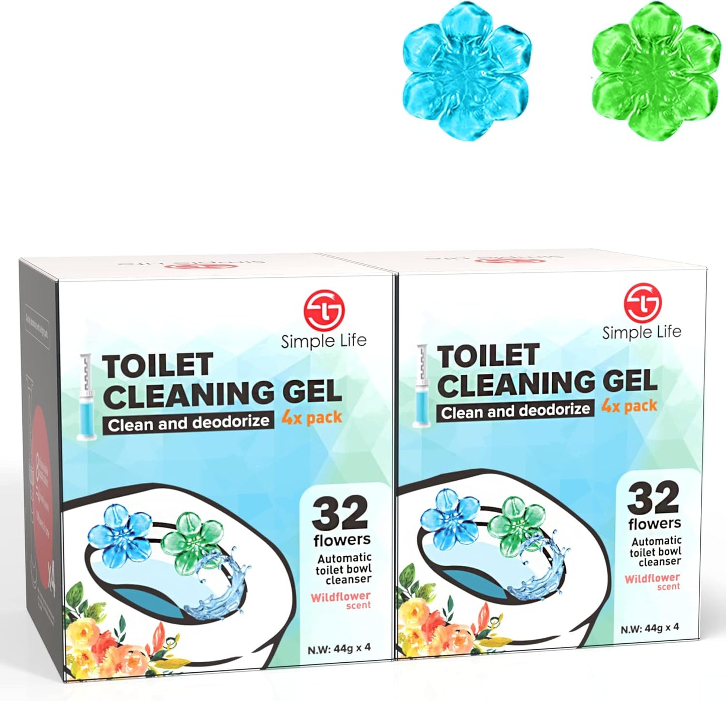 Simple Life Toilet Bowl Cleaner Gel | Fresh Flower Toilet Gel Stamp | Stops Limescale and Stains with Air Freshening Scent | Deodorizing Clean | 32 Stamps, Blue & Green
