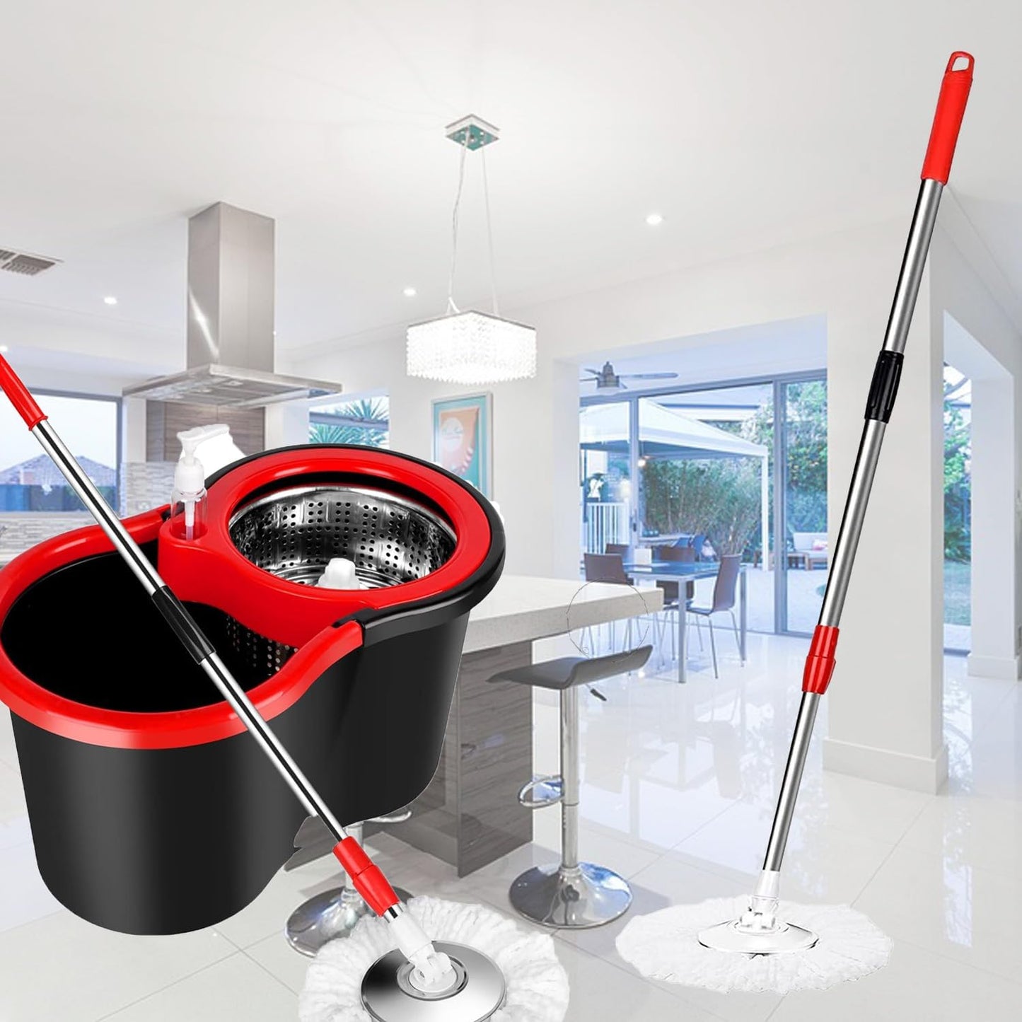 Spin Mop and Bucket with Wringer Set,for Floor Cleaning,with Floor Scrub Brush,61" Adjustable Handle and 6 Microfiber Mop Head(White)
