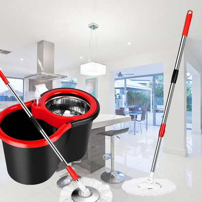 Spin Mop and Bucket with Wringer Set,for Floor Cleaning,with Floor Scrub Brush,61" Adjustable Handle and 6 Microfiber Mop Head(White)
